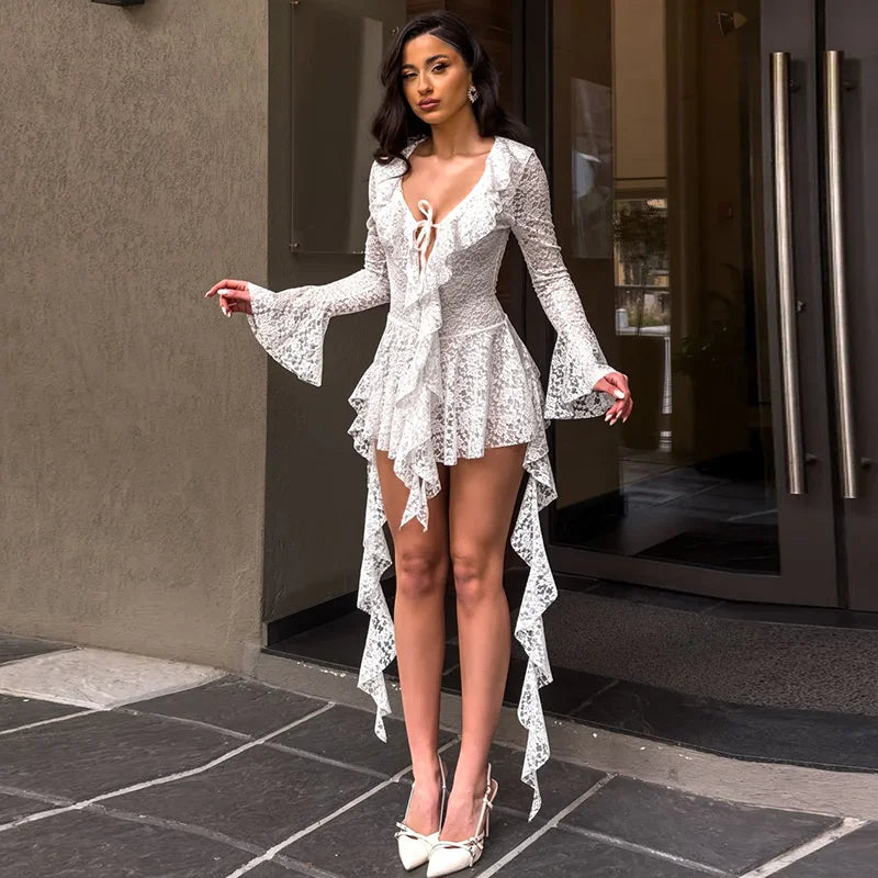 Spring 'S Dress Patchwork Lace Ribbon Ruffle Tie Rope Hollow Out Flare Long-Sleeved Mini Dress