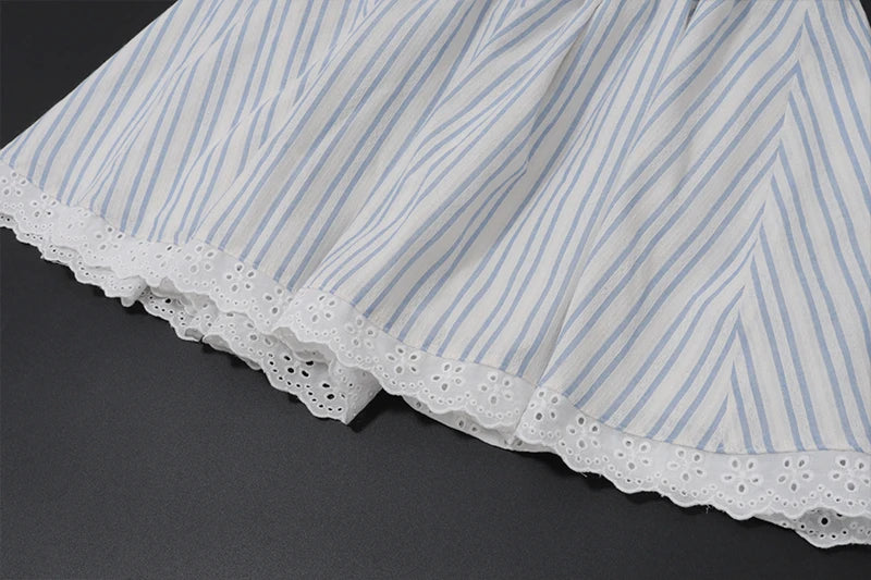 Blue Stripe Puff Sleeve A line Mini Dress