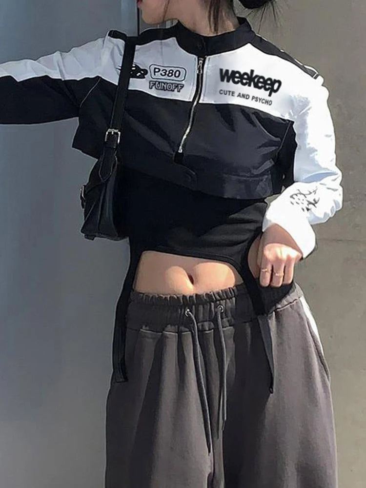 Moto Biker Crop Jackets Zip Up Patchwork Coats