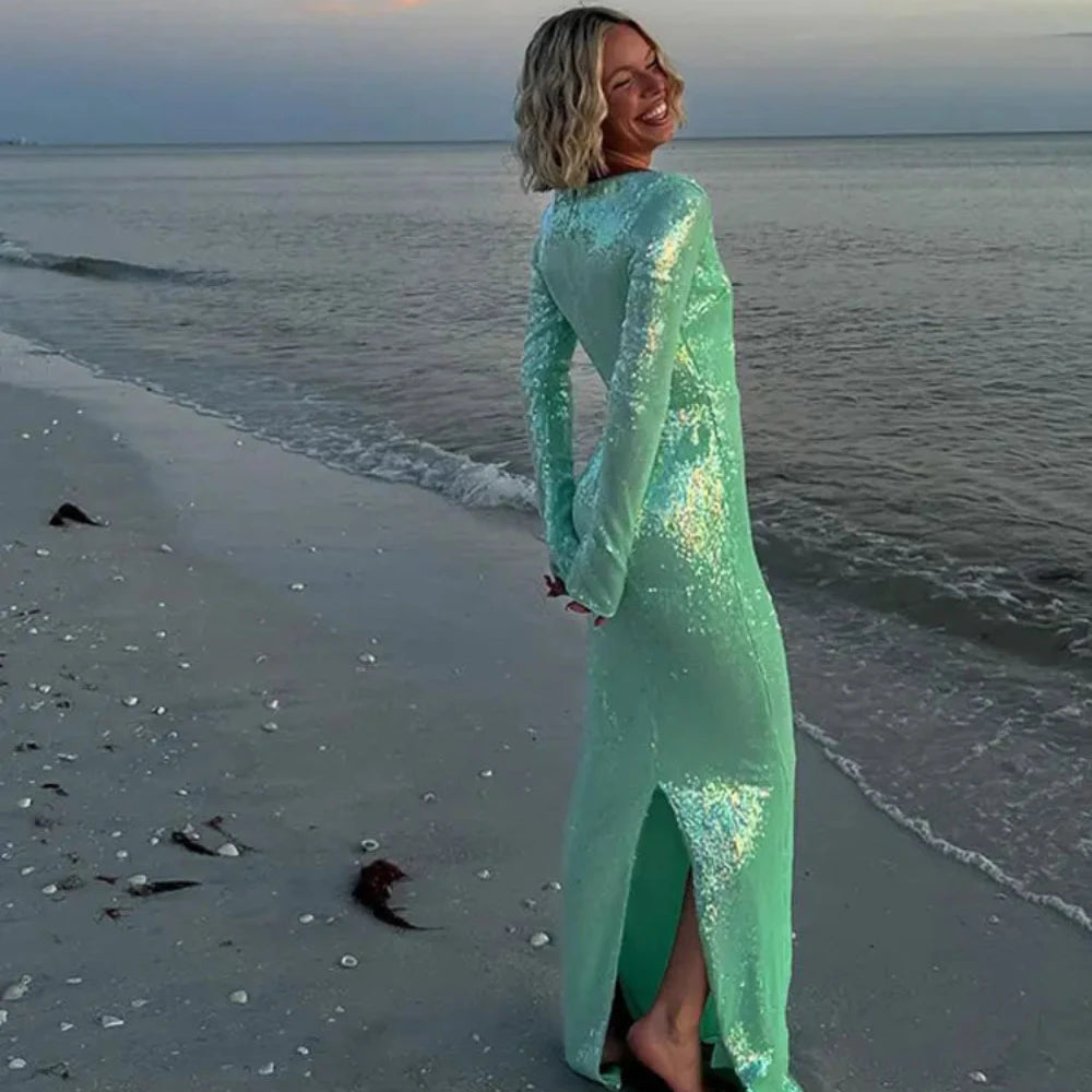 Long Sleeve mal Occasion Dresses for Sequins Maxi Dress Wedding Guest Dresses