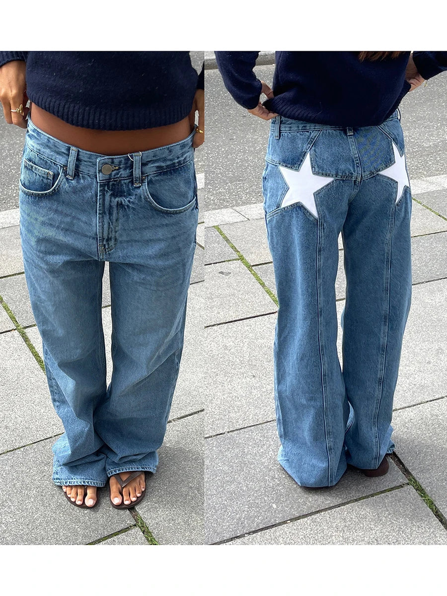 Star Pattern Loose Straight Leg Denim Low Waist Jeans