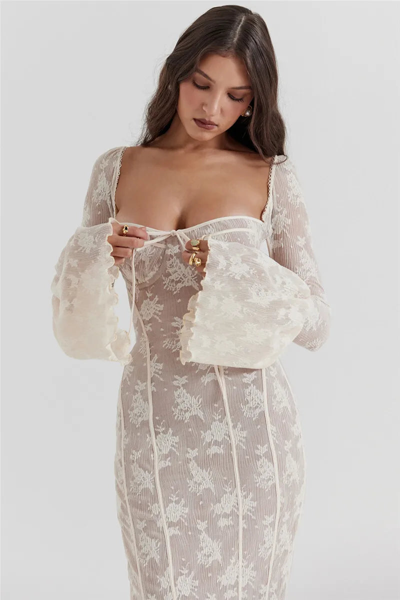 Lace Long Flare Sleeve Maxi Dress Square Collar Backless Bodycon Dress