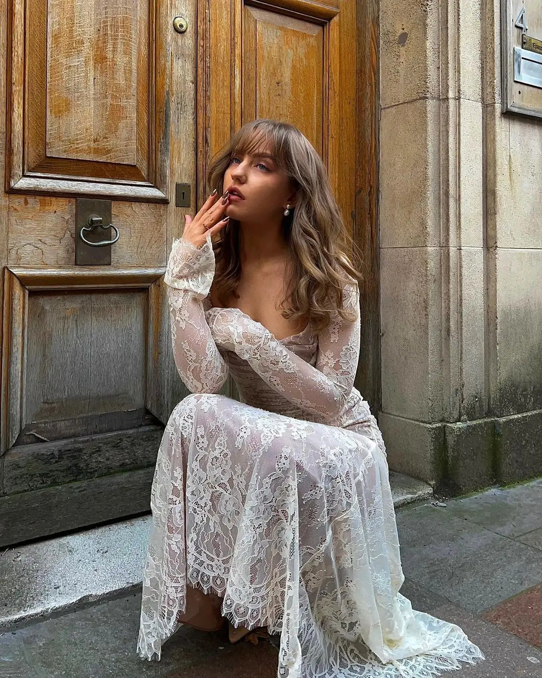 Lace Hollow Out Long Sleeve Two Piece Set