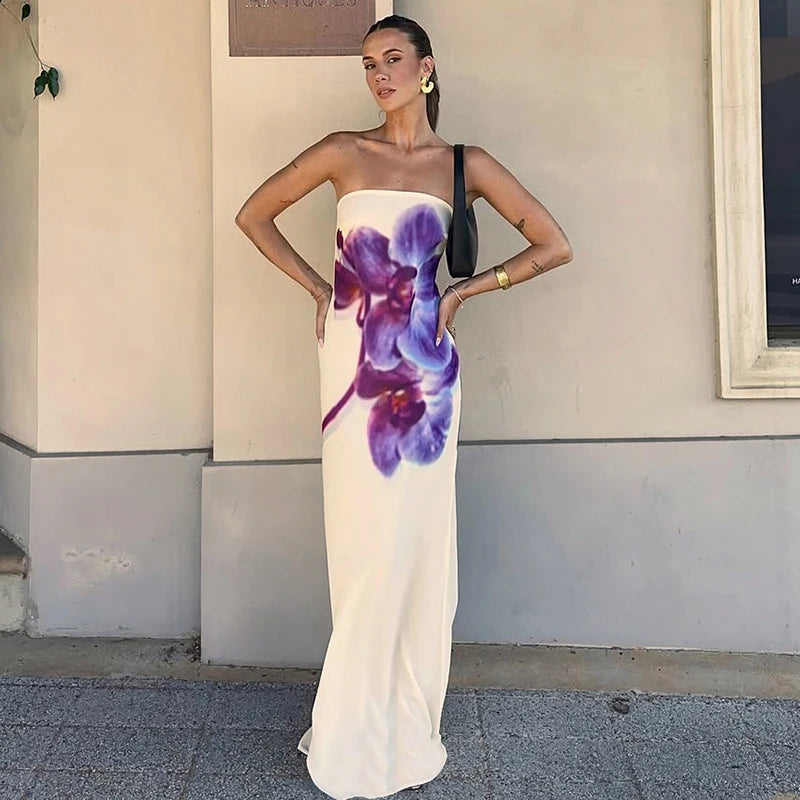 'S Floral Print Long Dress Strapless Sleeveless Backless Slim Dress Long Dress