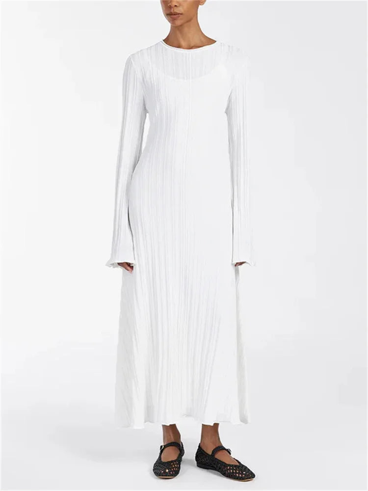 Knit Loose Maxi Dress Lace-Up High Waist Ribbed Long Sleeve Dress Knit Long Dress