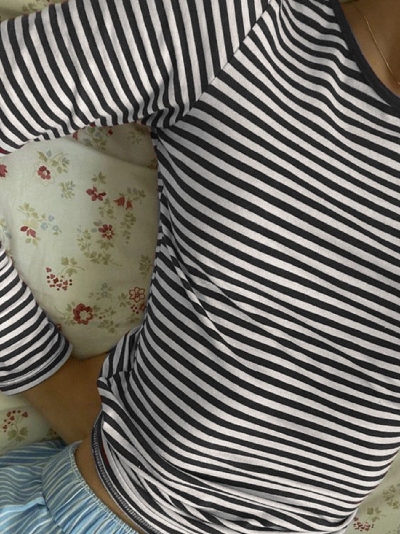 Backless Striped Print Slim Tee Shirts Long Sleeves Tees