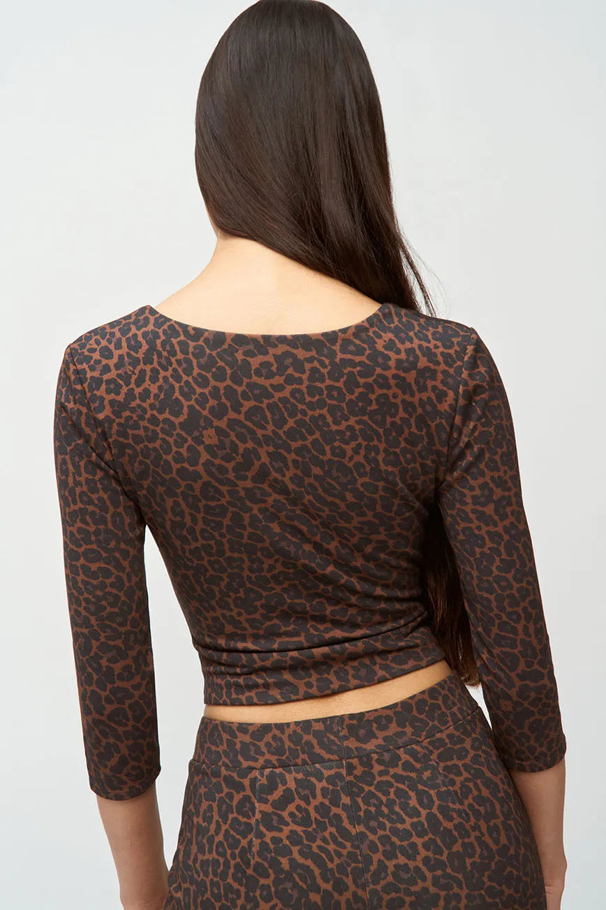 Square Neck Long Sleeved Leopard Top Cropped Pants Tight Set Two-piece Set