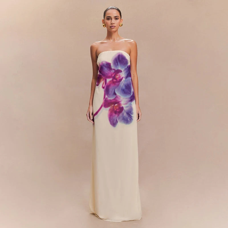 'S Floral Print Long Dress Strapless Sleeveless Backless Slim Dress Long Dress