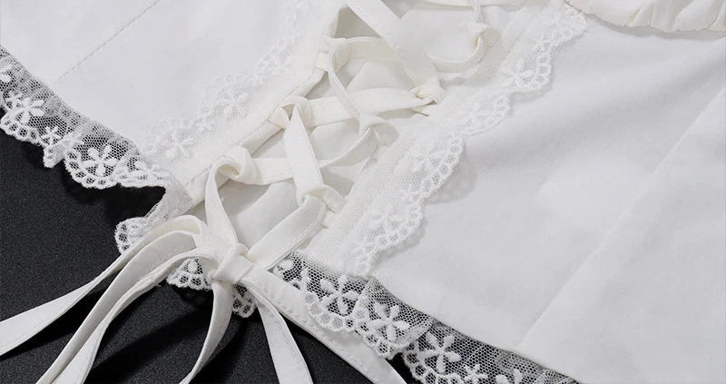 Lace Patchwork Tank Top With Low-waist Draw-string Long Skirt French Two Piece Sets