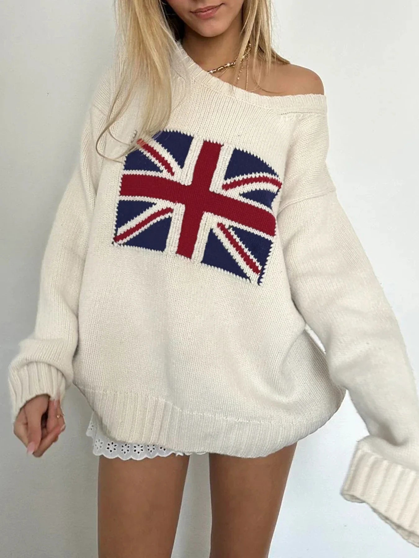 Graphic Patchwork Knitted Sweaters Crewneck Loose Crochet Top Pullovers