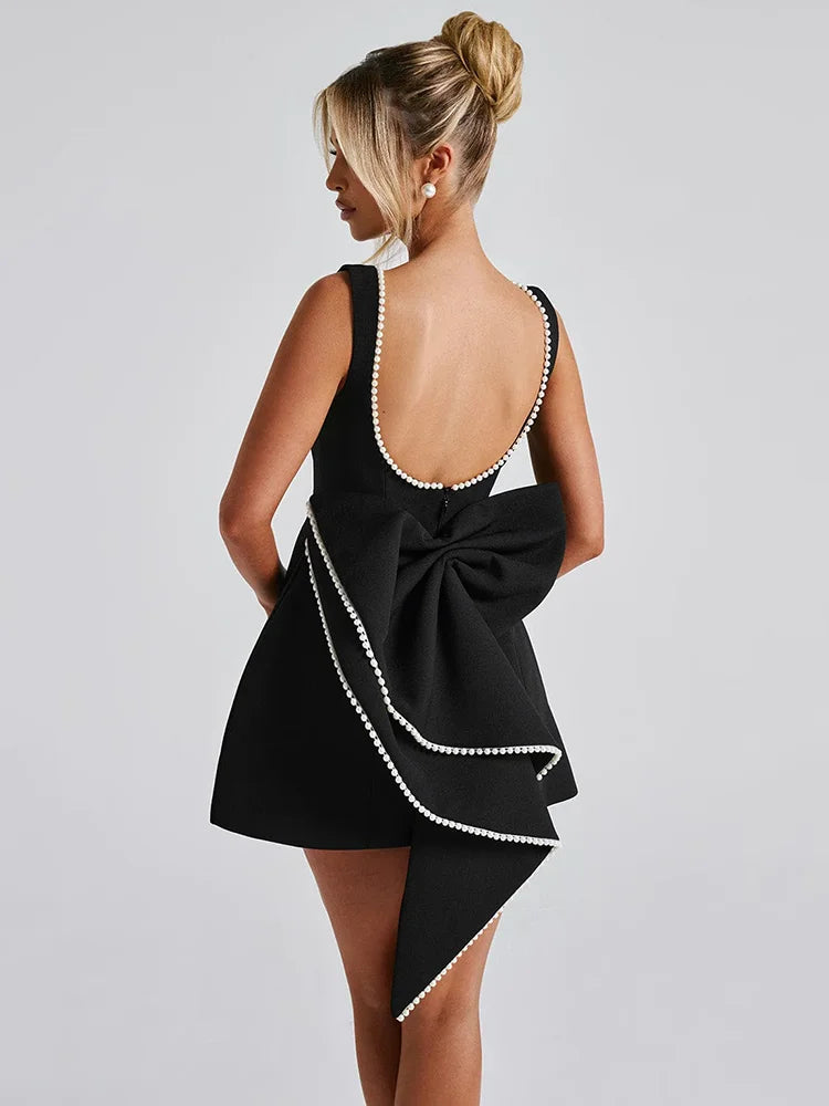 Pearl Bow Backless Mini Dress Zipper Sleeveless High Waist A-line Dress