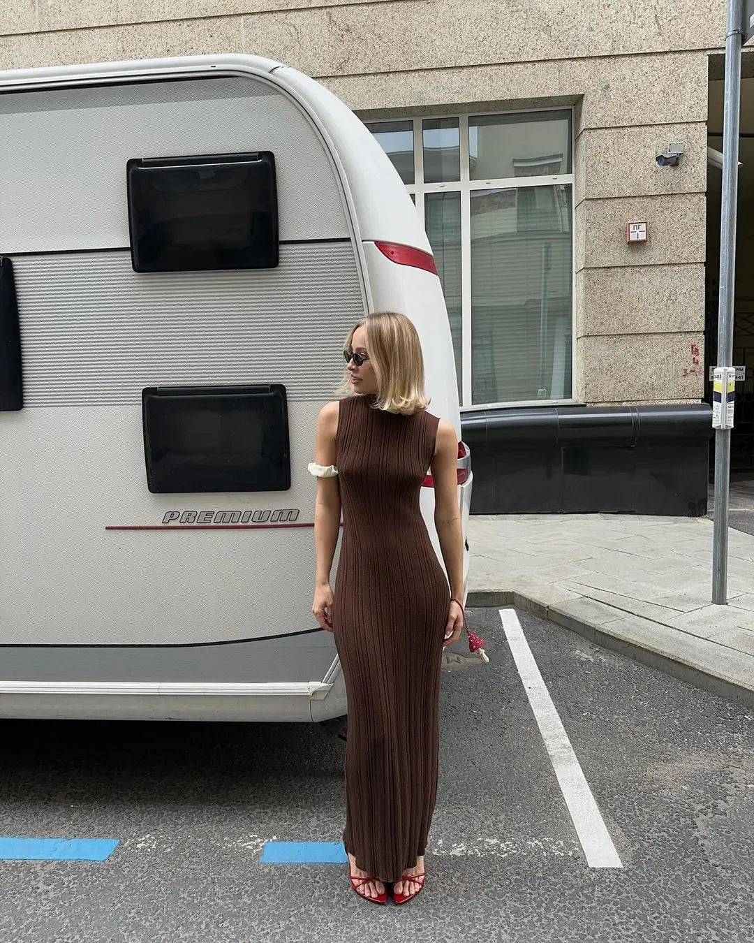 Sleeveless Knit Turtleneck Long Dress Slim Ribbed Knit Dress Maxi Dress