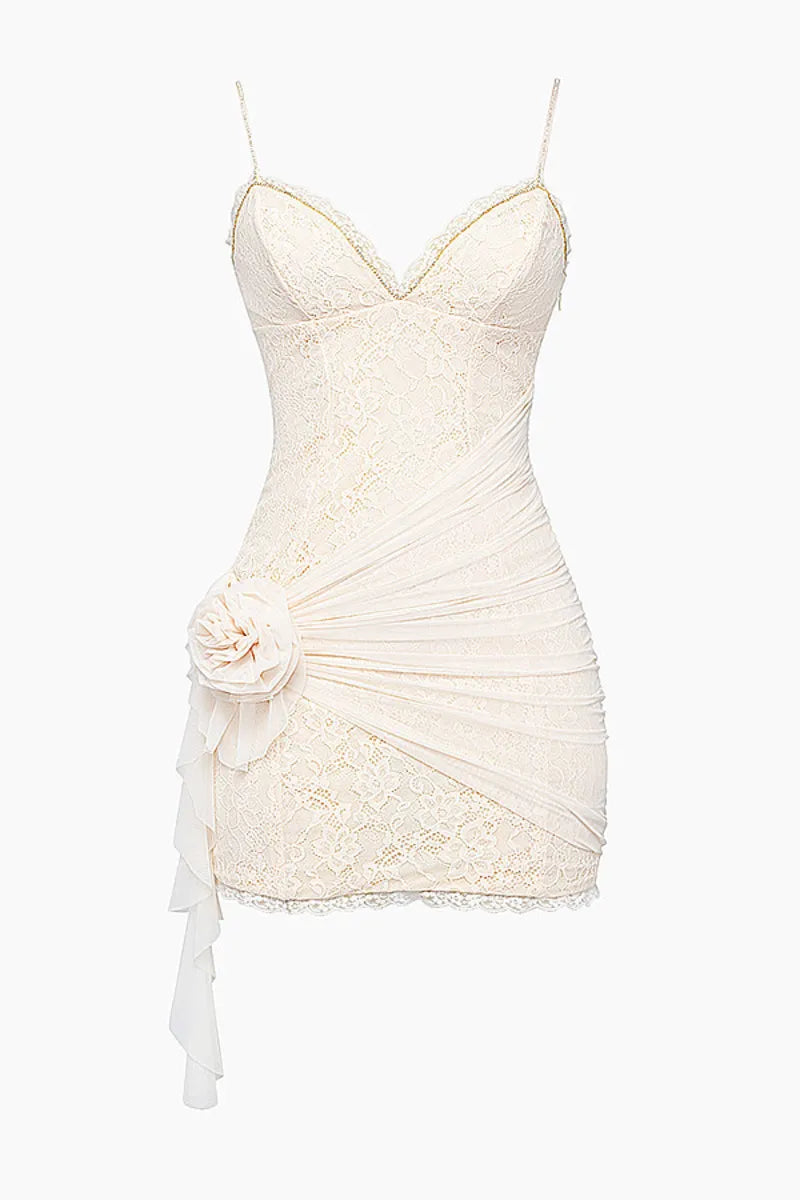 White Lace Patchwork 3D Floral Mini Dress