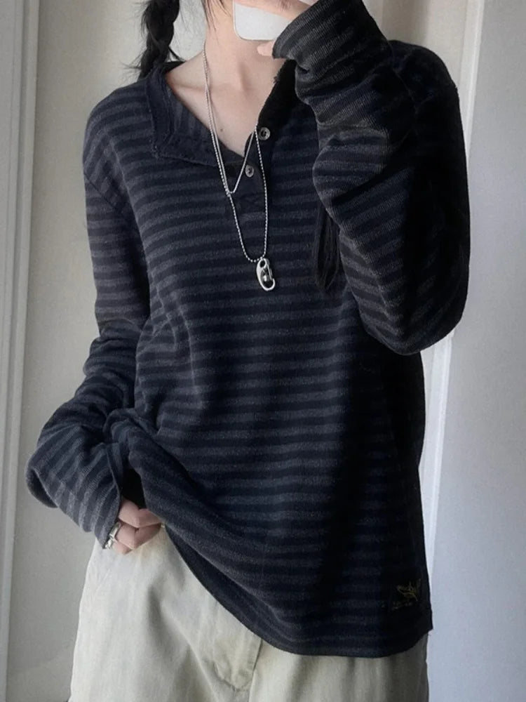 Striped Print Loose Tee Shirts Long Sleeves Botton Top
