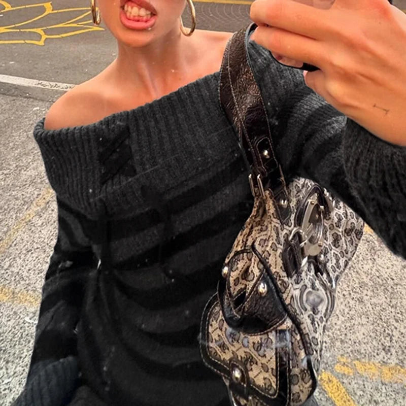 Slash Neck Striped Knitted Sweaters Patchwork Pullovers HArajuku Grunge 's Top