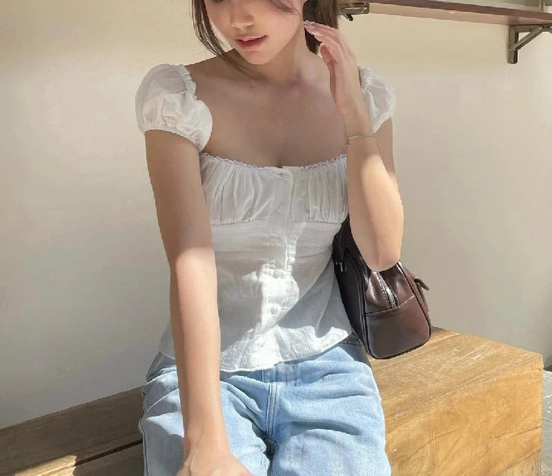 White Backless Square Neck Button Top
