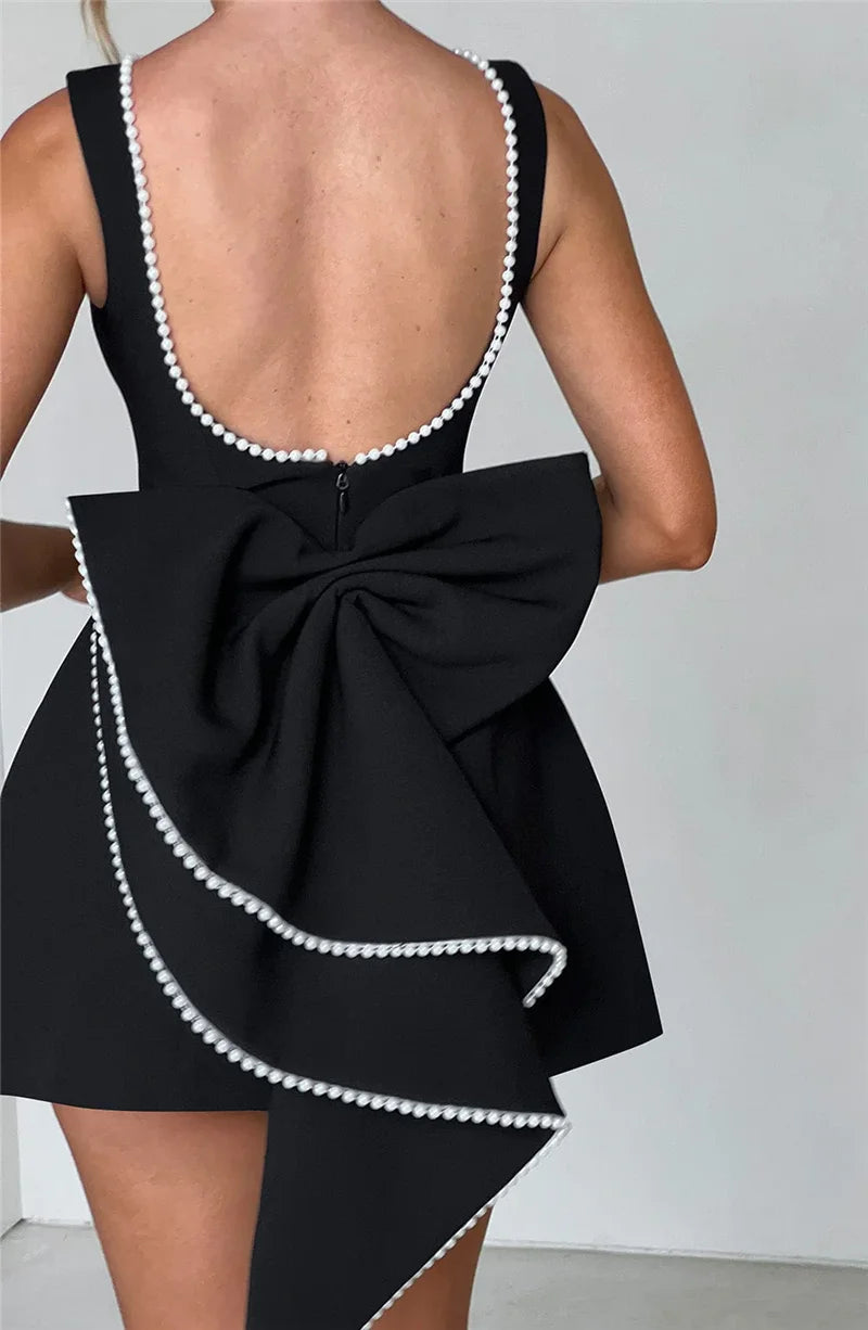 Pearl Bow Backless Mini Dress Zipper Sleeveless High Waist A-line Dress
