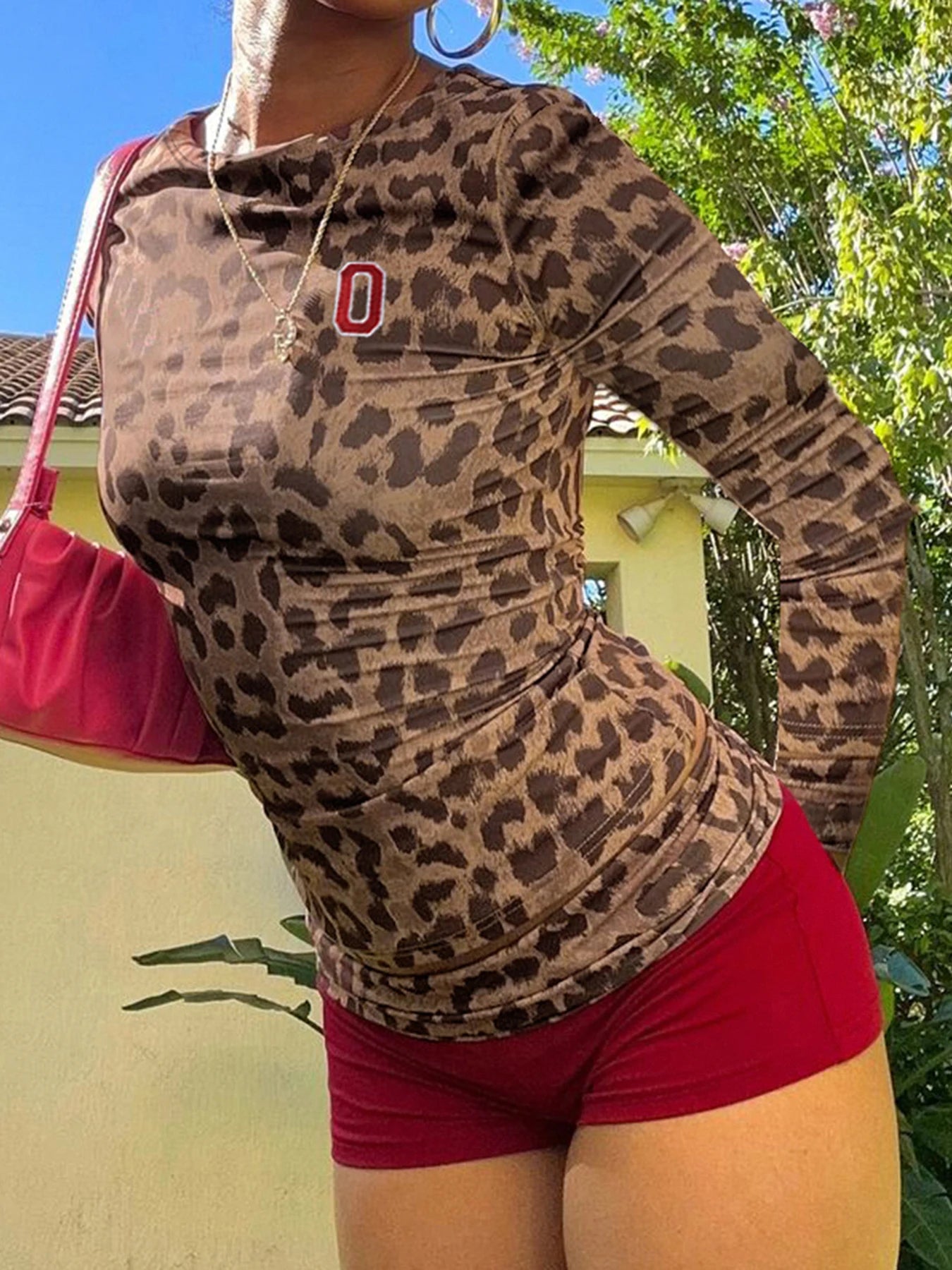 Crewneck Two Pieces of Sets Leopard Print Tee Shirts anf Patchwork Shorts 's Slim