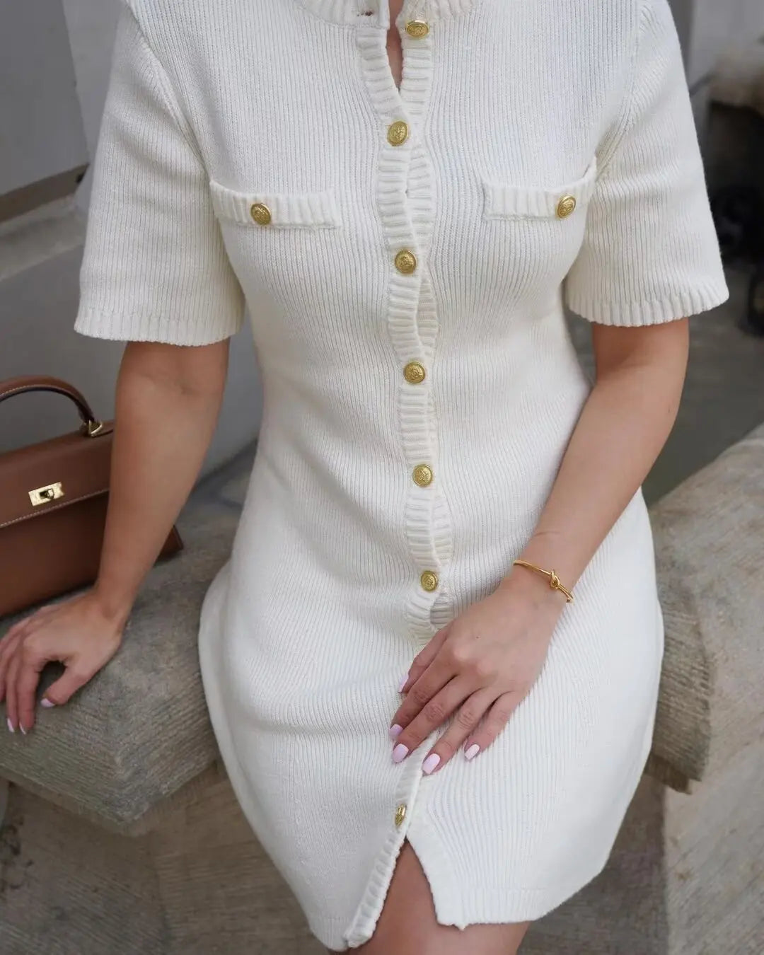 White Knit Mini Dress Short Sleeve Patchwork Pocket Loose Dress Knit Mini Dress