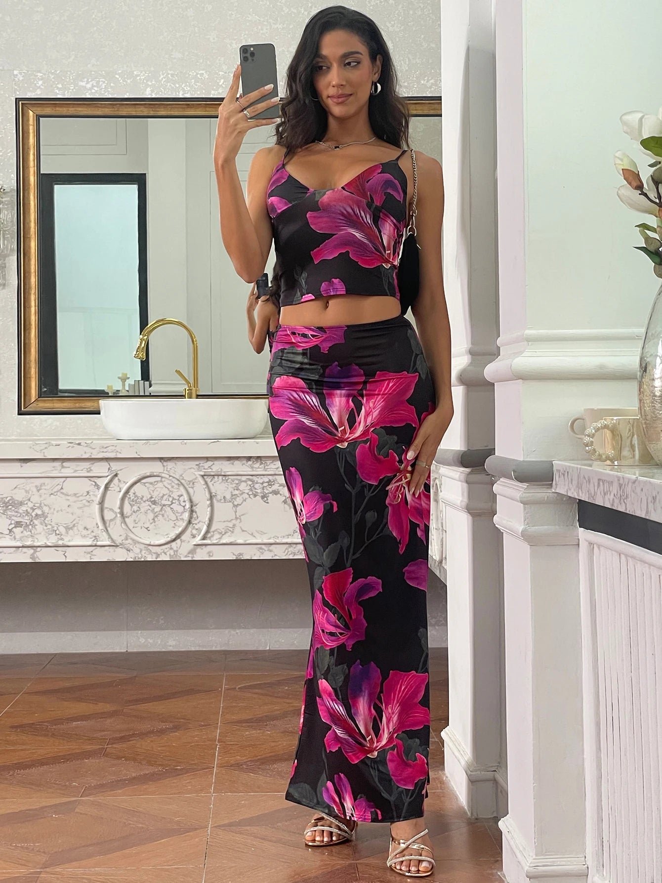 Matching Suit Floral Top Midi Skirt Set