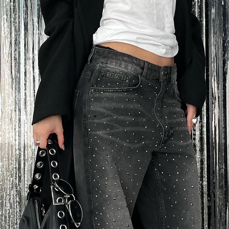 Rhinestone Loose Jeans Low Waisted Pockets Zipper Pants Bottoms