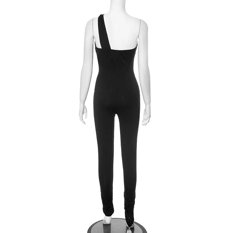 Black Hollow Out One Shoulder Jumpsuit