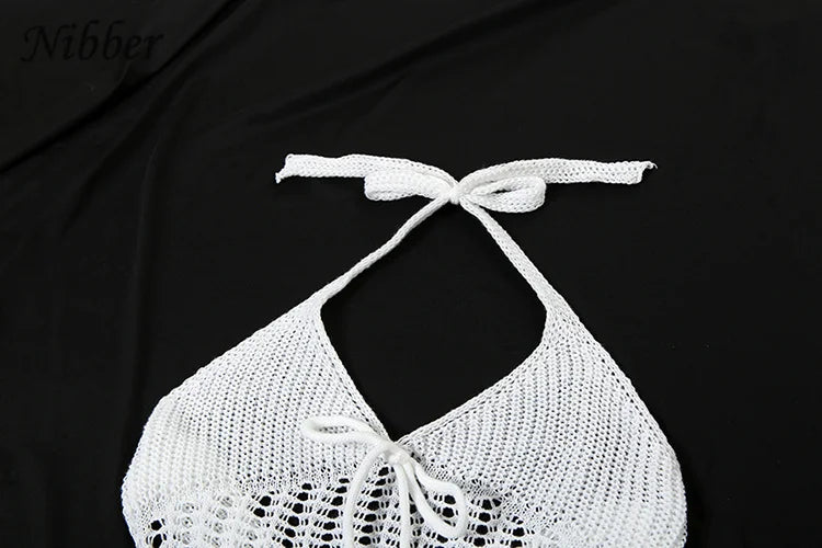 Knitted Crochet Maxi Dress See Through Halter Low Neck Backless Concise Street