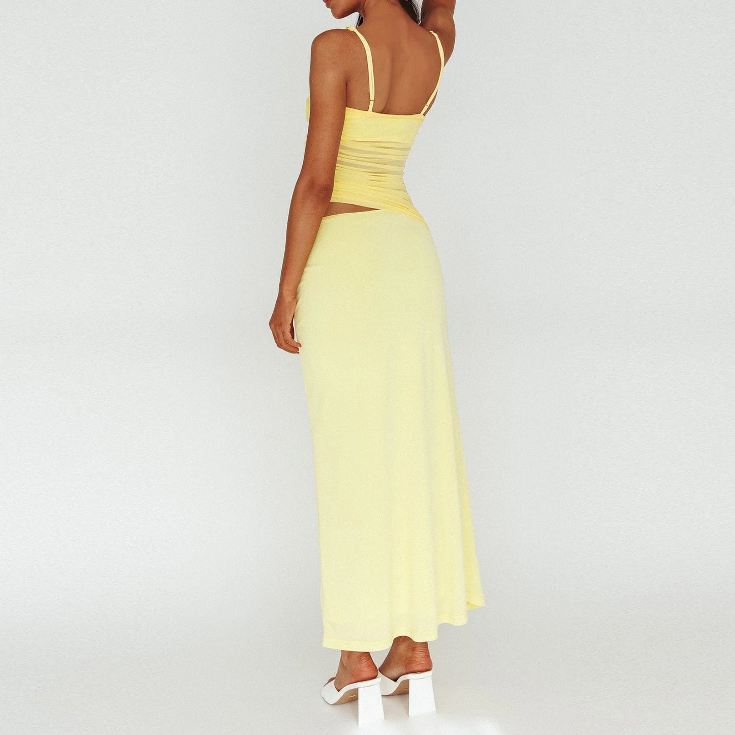 2 Piece Skirts Color Mesh Irregular Sleeveless Cami Top Long Skirts Set
