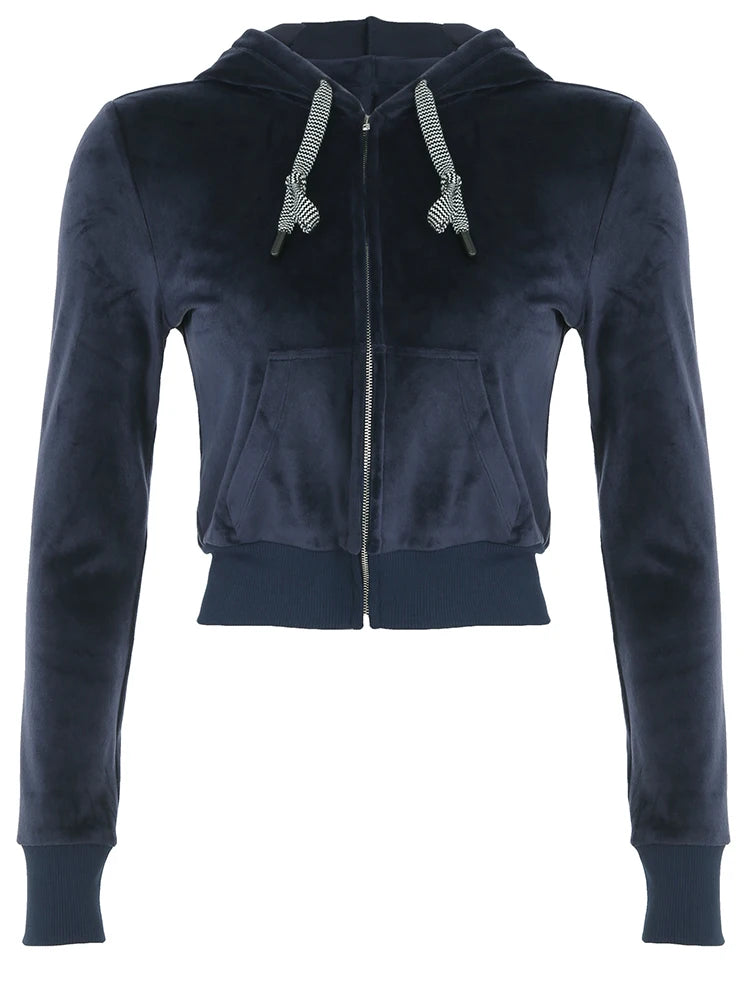 Velvet Jacket Zip Up Front-pocket Hood Coat Overcoat