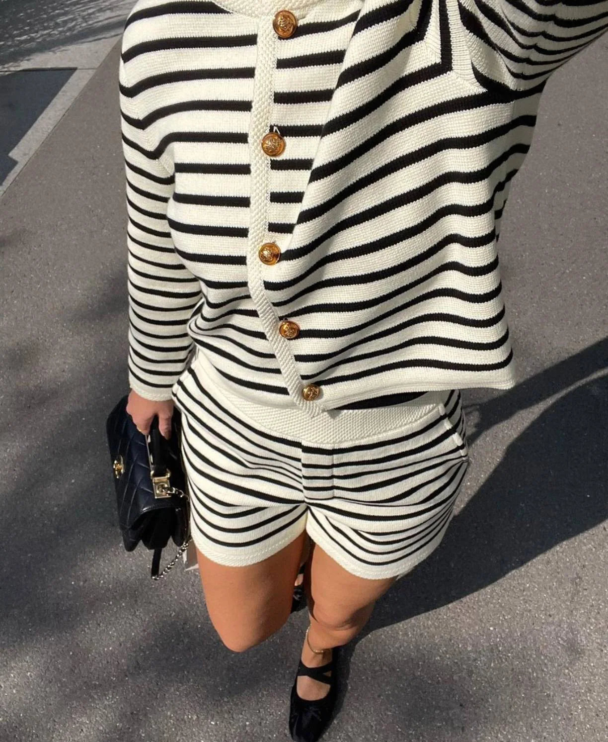 Striped Knit 2 Piece-Set Shorts Zebra ed Cardigan And High Waist Patchwork Shorts Sets Knit