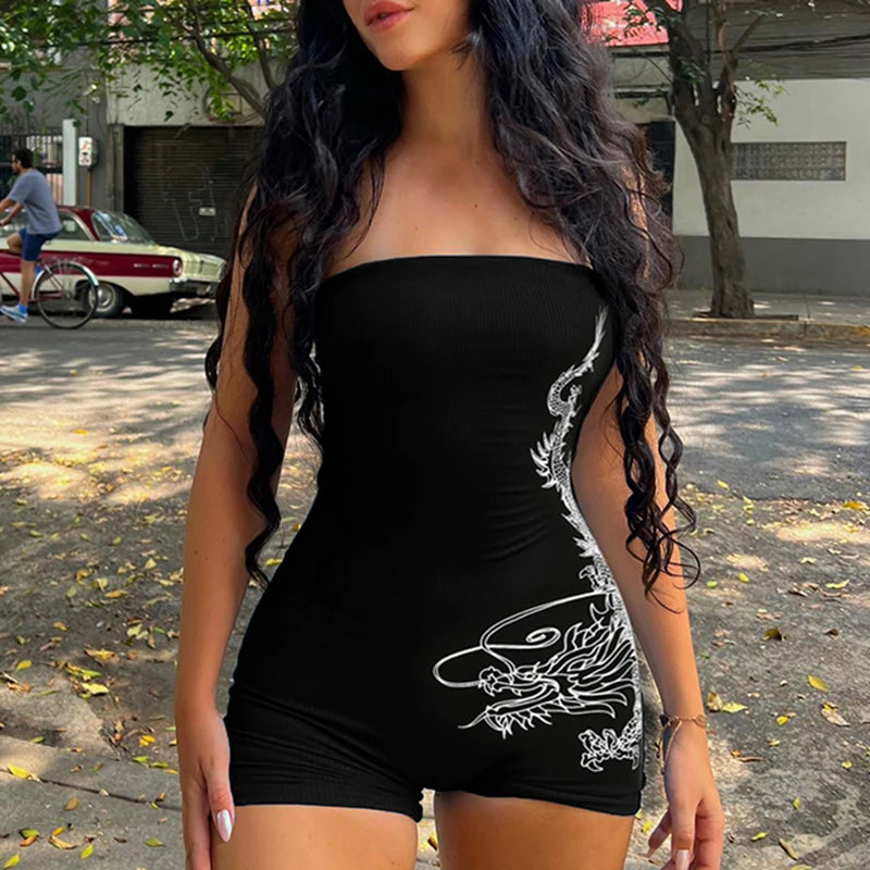 Dragon Print Tube Rompers Off Shoulder Bodycon Jumpsuits 's Overalls