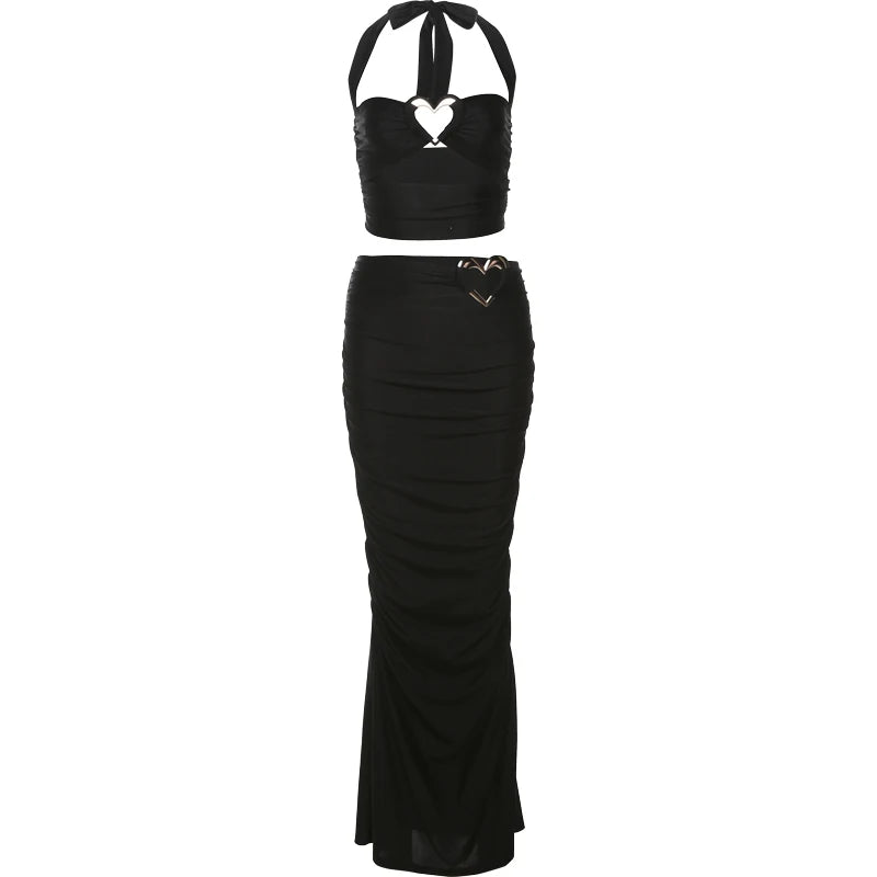 2-Piece Set Love Metal Ring Halter Hollow Low-Neck Mini Top Hollow Ruffles Skirts Midnight Matching Suits