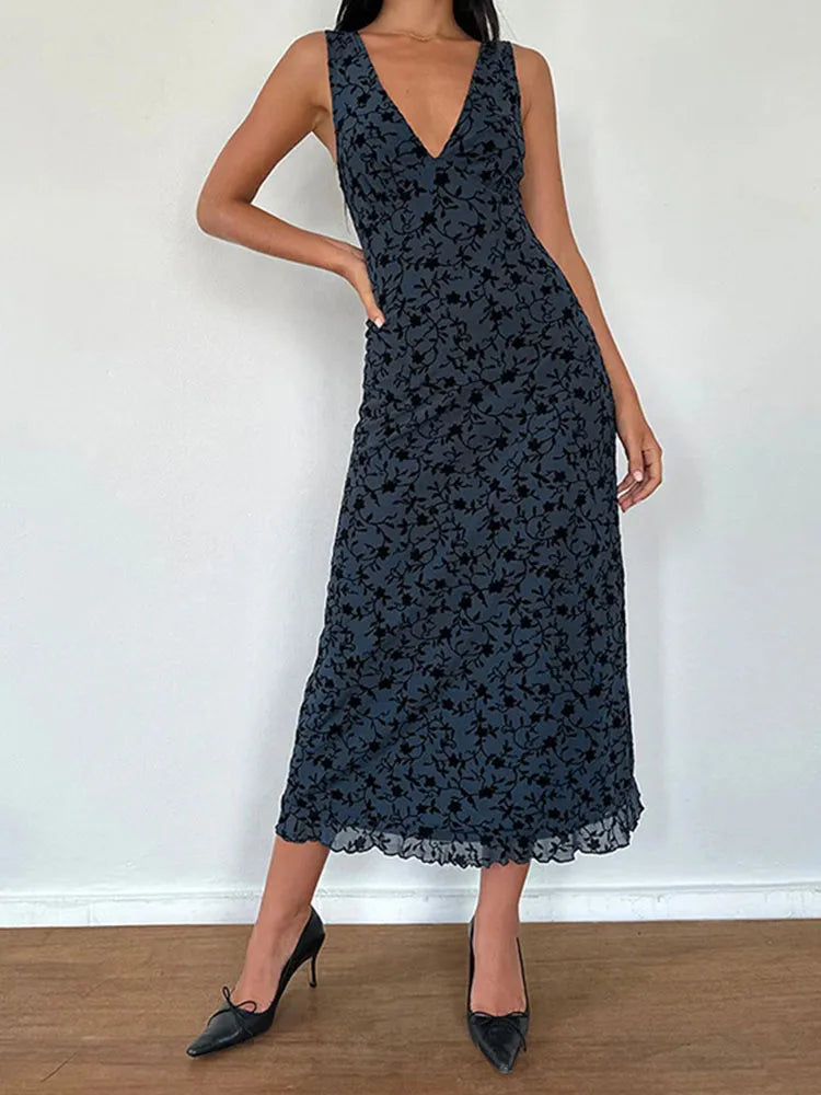 Printed Deep V Long Dress Floral Contrast Color Sleeveless Waist Slim Dress Long Dress