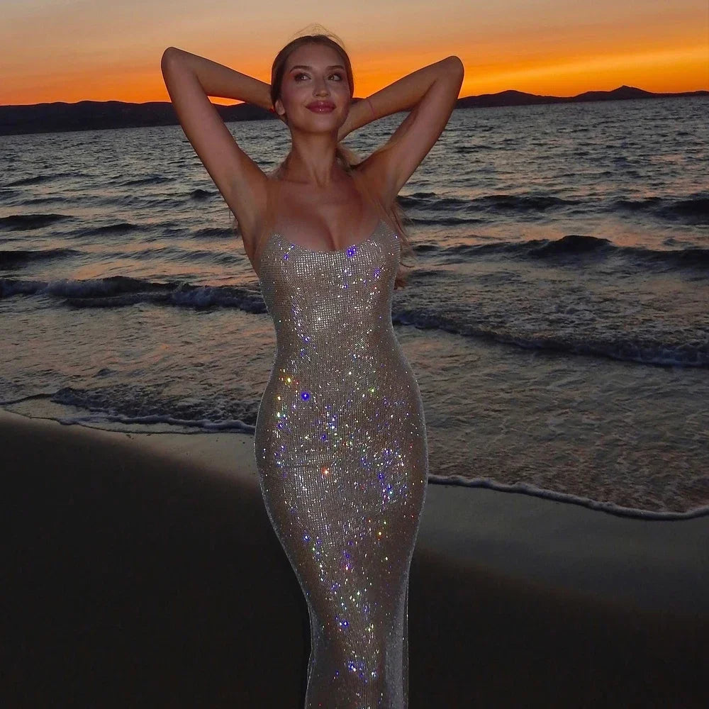 Sequins Sleeveless Maxi Dress for Luxury Long mal Occasion Dress Shiny Backless Evening Gala Dresses