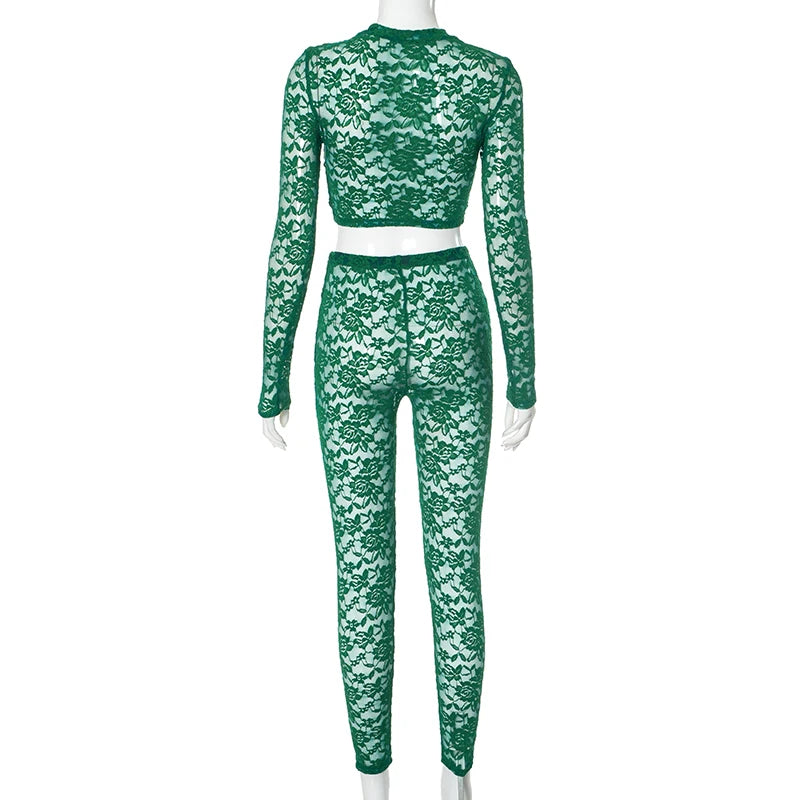 Lace See Through Long-Sleeve Crop Top Pencil Pant Cut Out See-Through Set