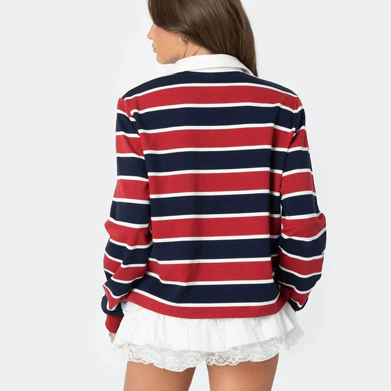 Strip Polo Shirt Long Sleeve Sport Pullover Bae Shirt