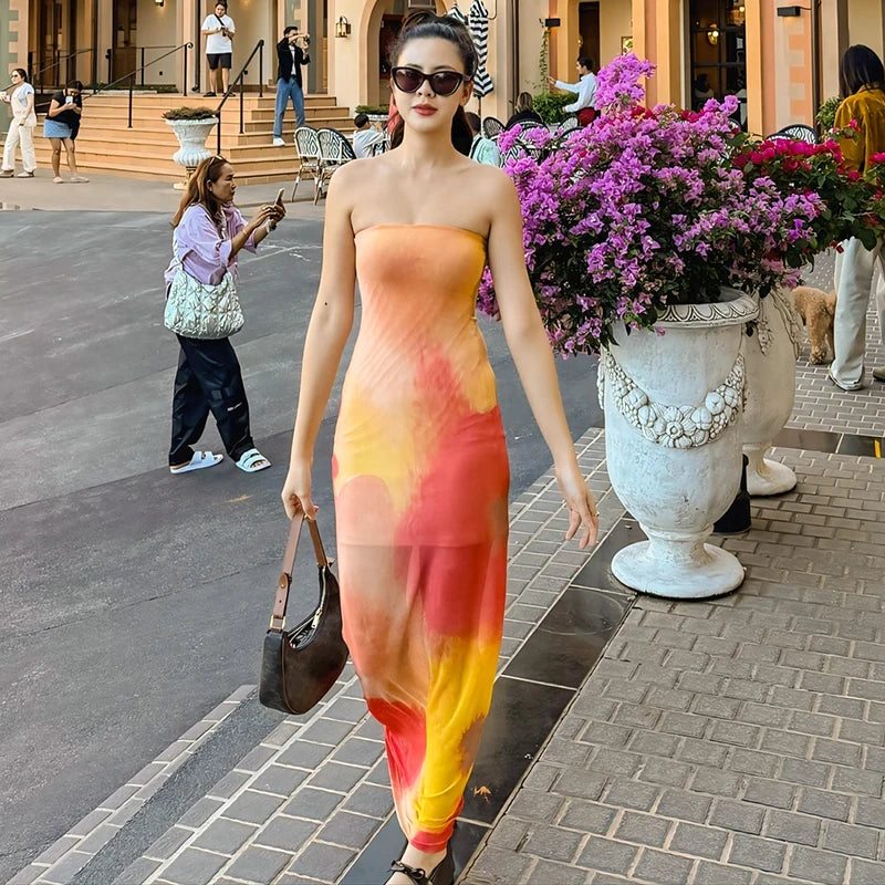 'S Color Collision Patchwork Strapless Waisted Package Hip See-Through Print Dress