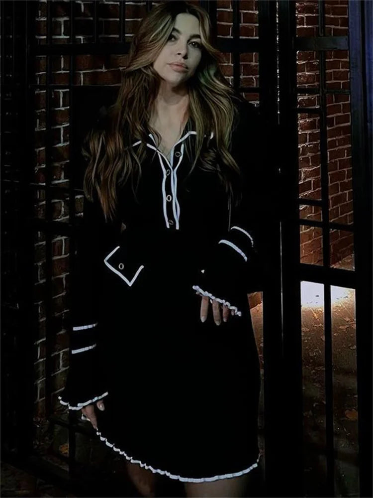 Ruffled Knit Dress Ribbed Contrast Long Sleeve High Waist Lapel Gown Dress Knit Ladies Maxi Dress