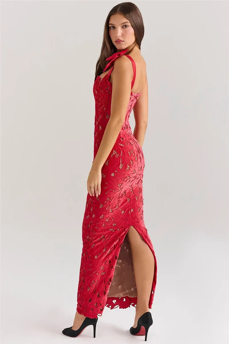 Bows Lace Maxi Dress Sleeveless Backless Bodycon Year Long Dress
