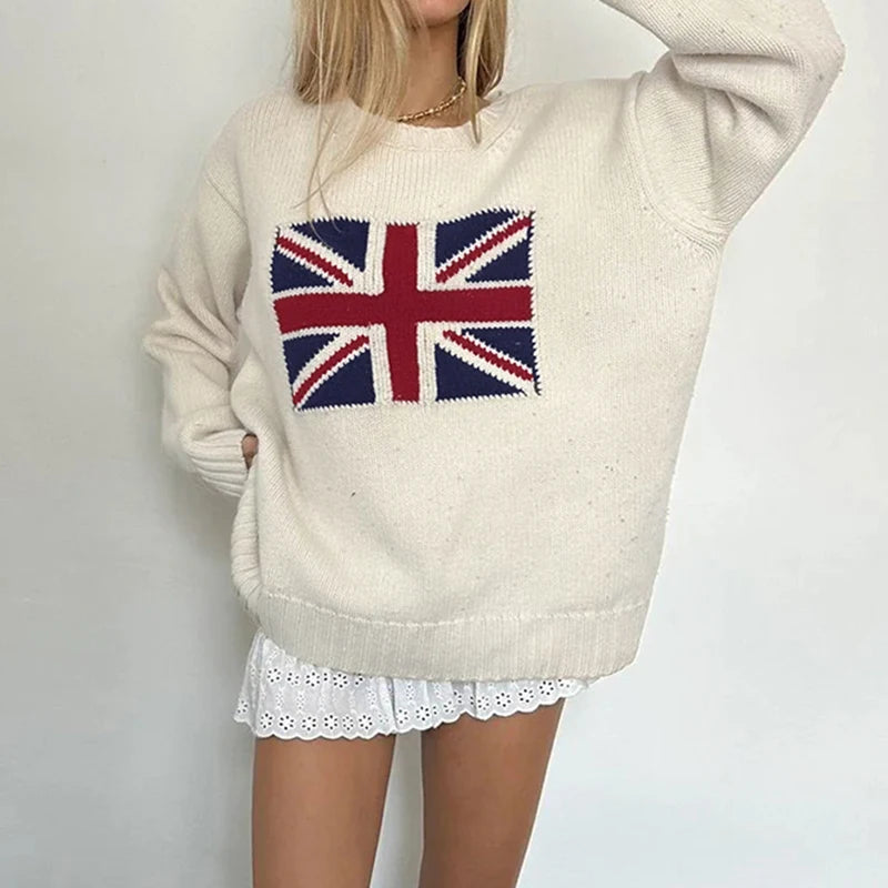 Graphic Patchwork Knitted Sweaters Crewneck Loose Crochet Top Pullovers