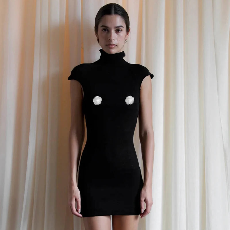 Black High Neck Slim Mini Dress
