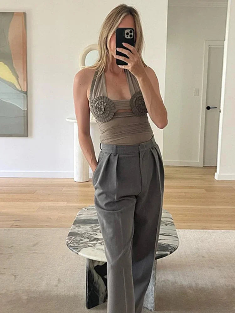 Folds Sunflower Tank Top Mesh Bodycon Sleeveless Crop Top Backless Vest