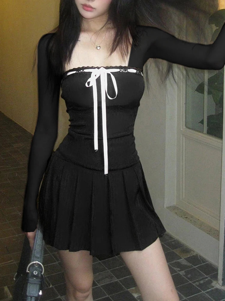 Black Lace Up Square Collar Dresses Balletcore Aesthetic Bodycon Long Sleeve Mini Dress Korean
