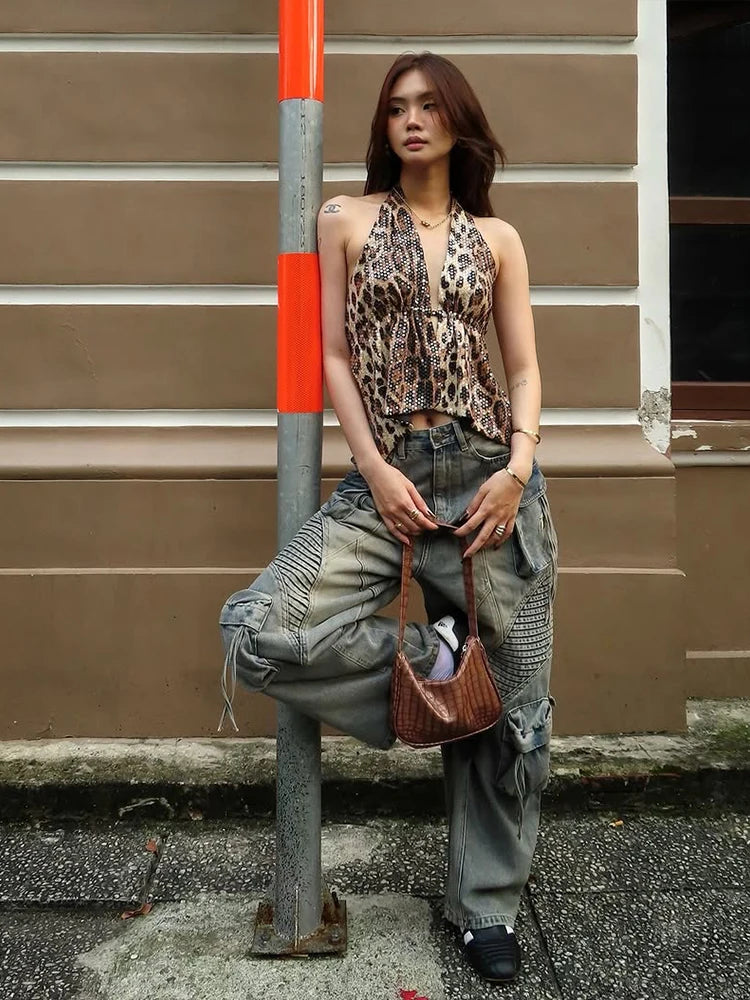 Leopard Sequins Vest Backless Halter V-Neck Lace-Up Sleeveless Wild Tank Top