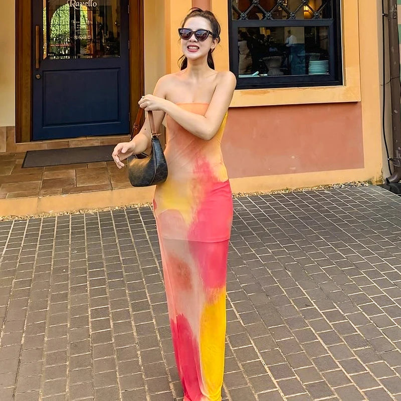 'S Color Collision Patchwork Strapless Waisted Package Hip See-Through Print Dress