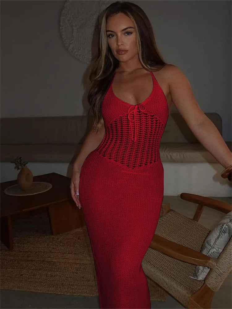 Knitted Crochet Maxi Dress See Through Halter Low Neck Backless Concise Street