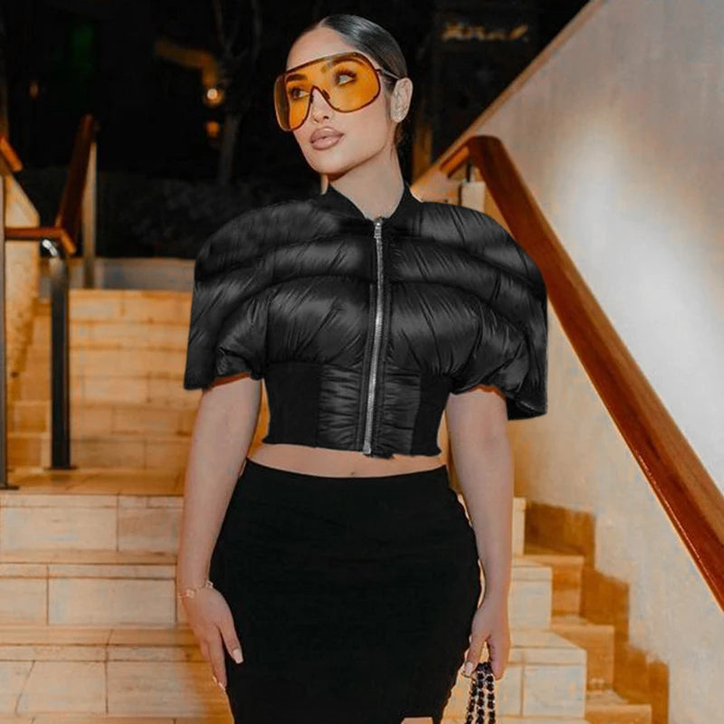 Short Sleeve Zipper Thick Cotton Coat Crop Top