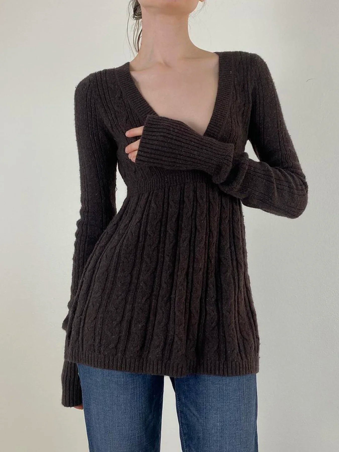 Knitted Sweaters Long Sleeves Slim s Loose Hem Brown Pull Top