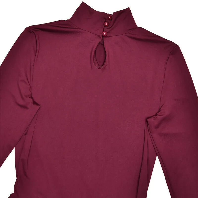 Patchwork Turtleneck Long Sleeve Mini Dress Burgundy High Waist A-line Dress Slim Street