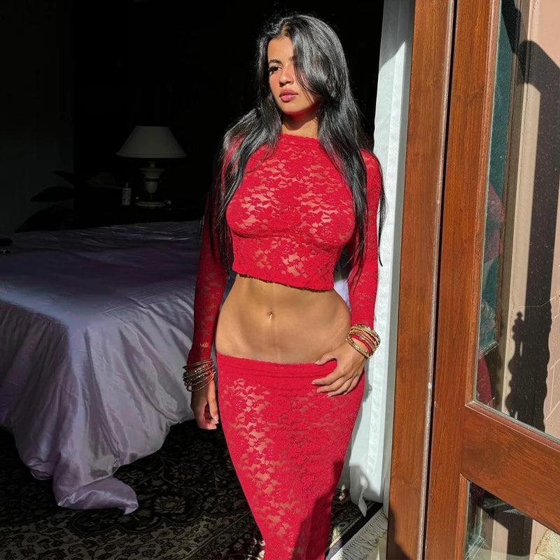 Red Lace See Through Two Piece Set